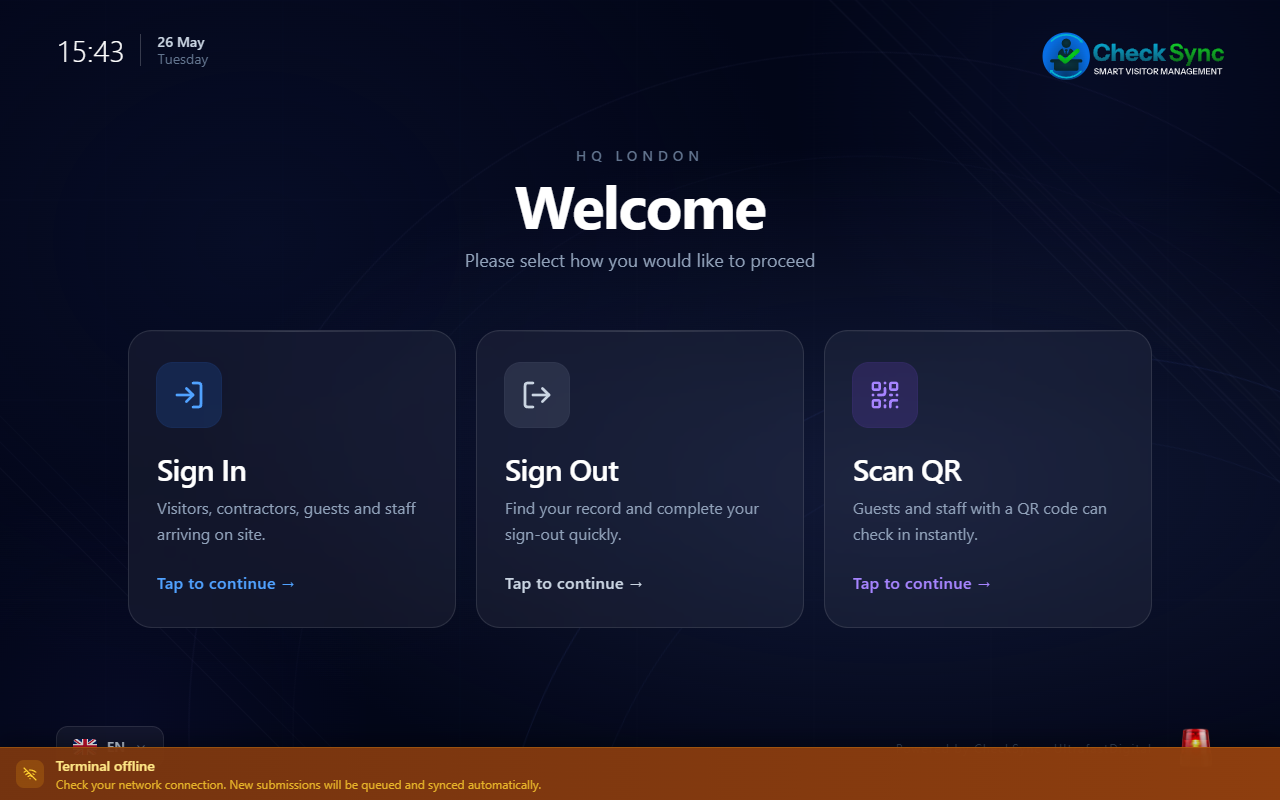 CheckSync terminal showing offline connectivity banner — queuing submissions automatically